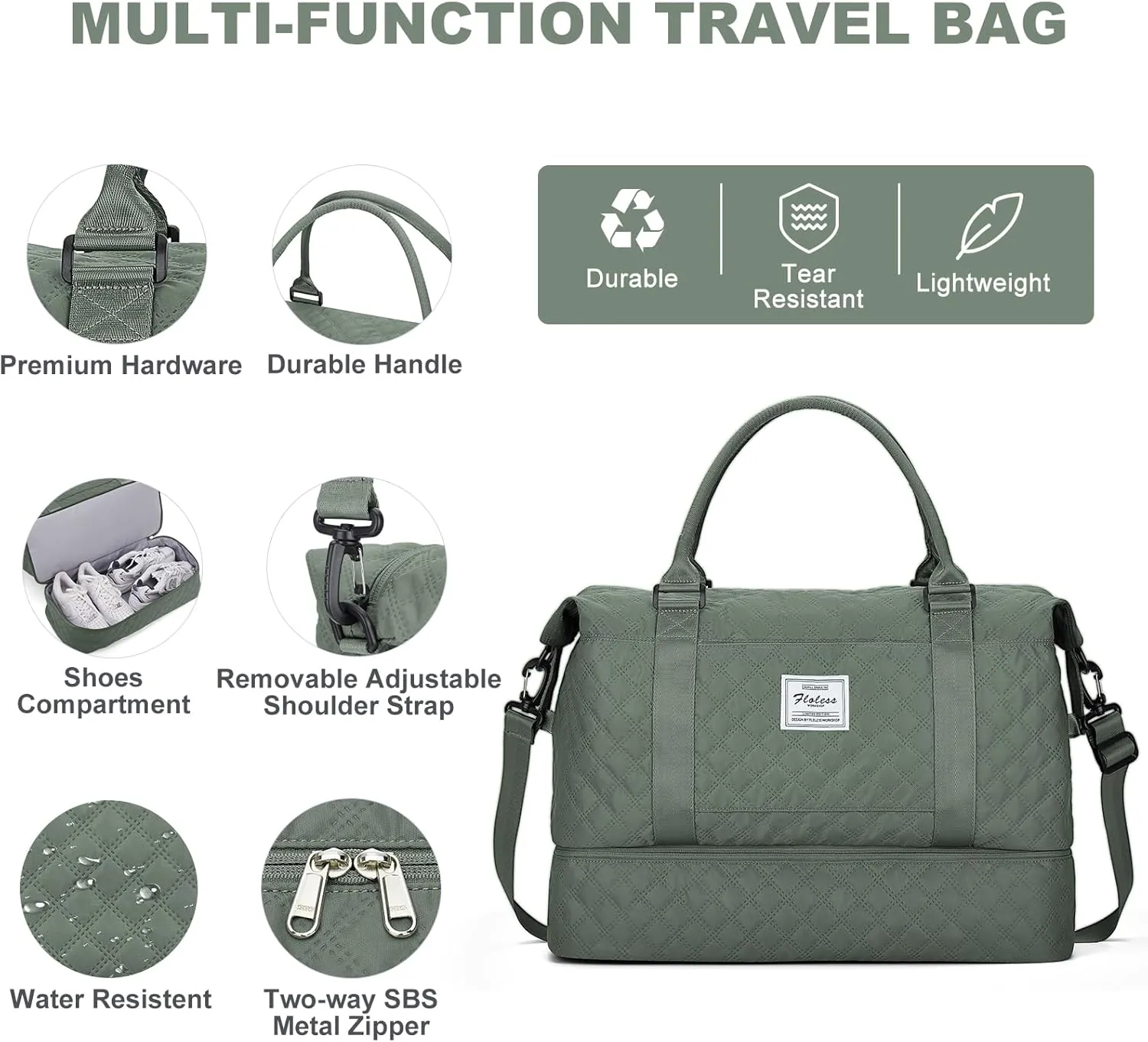 Weekender Bags for Women, Travel Duffel Bags with Shoe Compartment,Personal Item Travel Bag for Airlines, Carry on Overnight Tote Bag for Women with Toiletry BagGrid-Olive Green