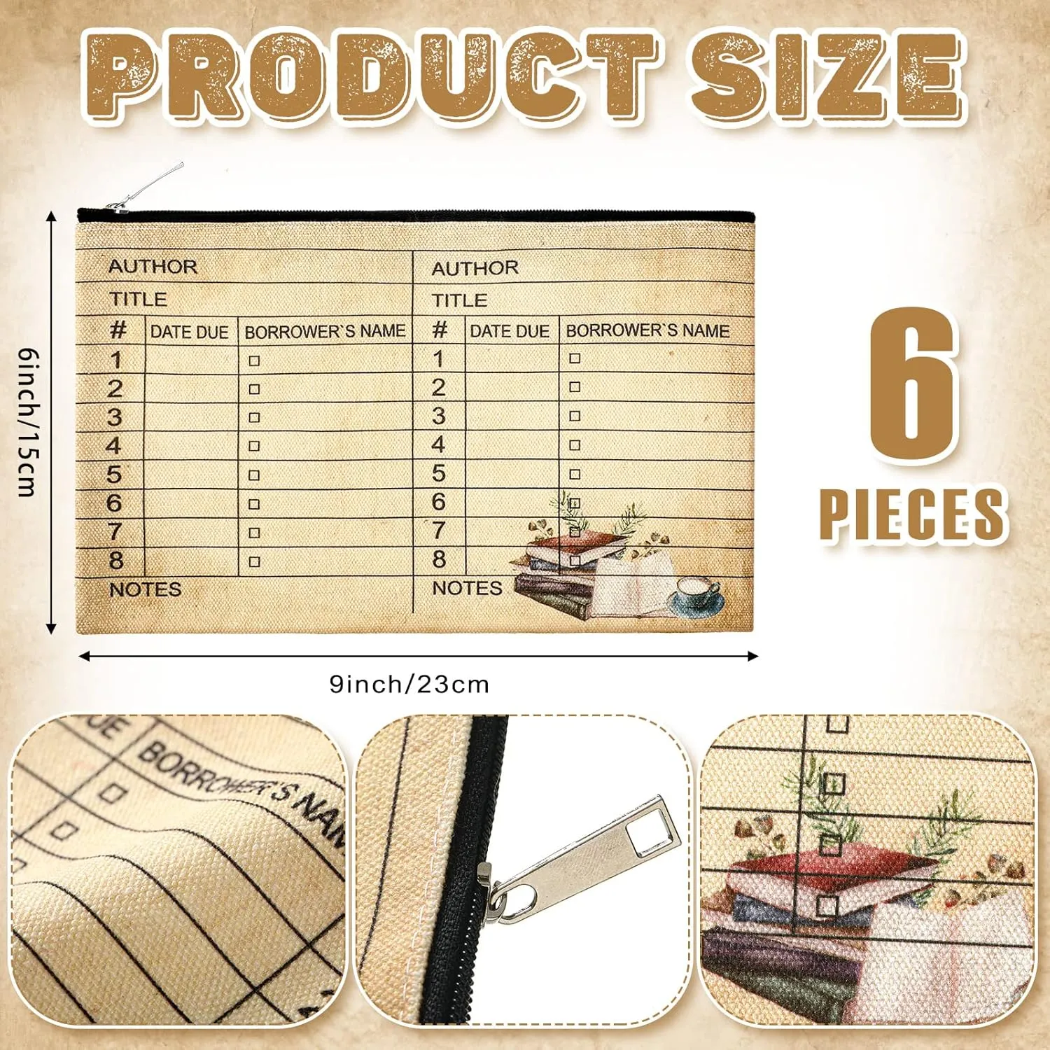 Yinder 6 Pieces Book Club Gifts Book Lovers Library Card Pouch for Women Cosmetic Bag Birthday Gift for Reader Friends Library Card Bag with Zipper for Teacher